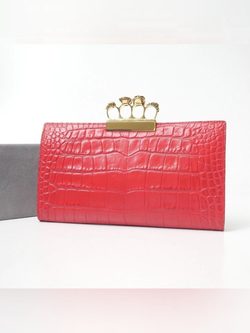 Alexander McQueen Knuckle Clutch Bag Skull Crocodile Embossed Leather...